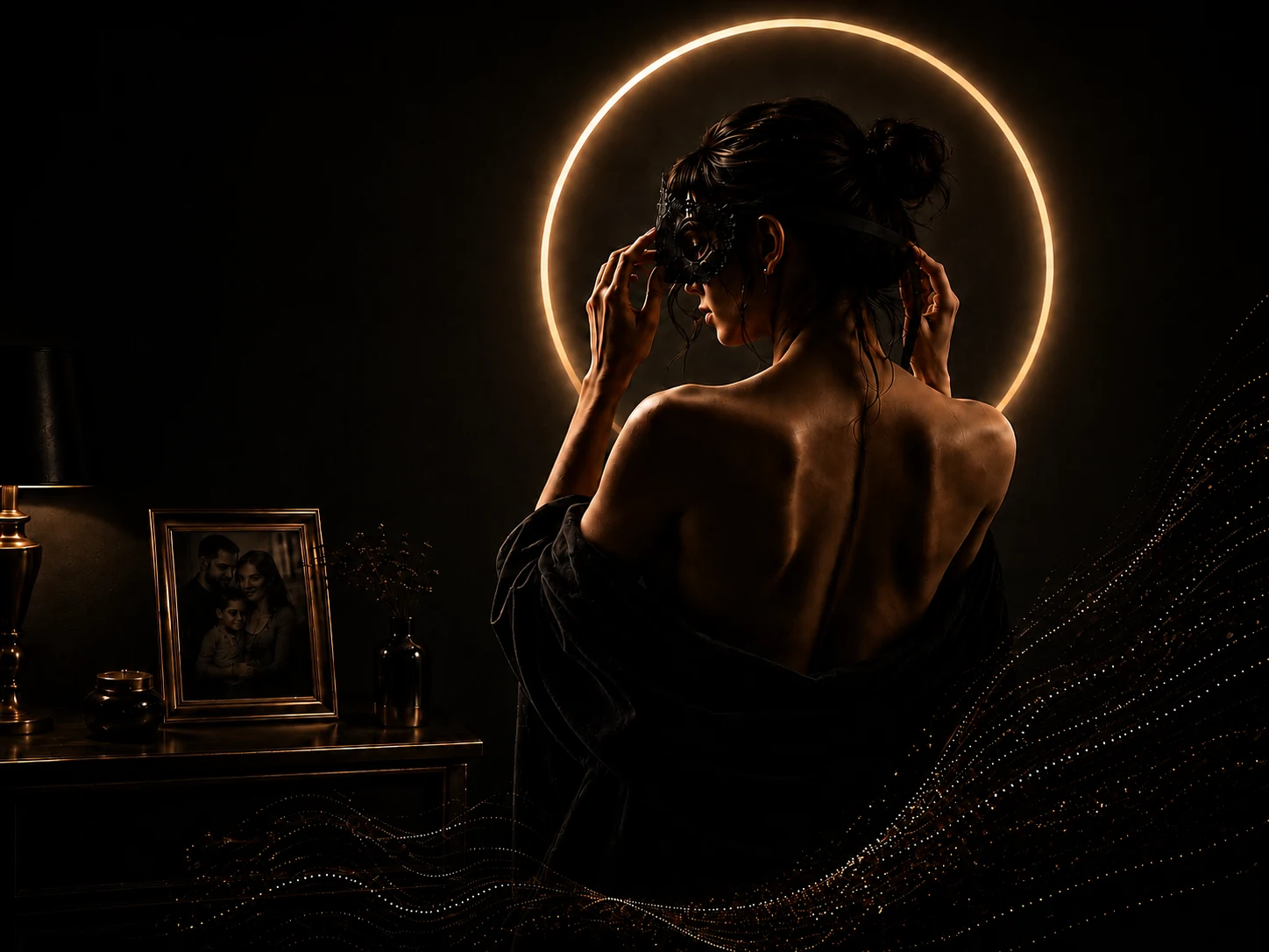 Dark luxury creator privacy visual with a gold halo, masked identity, family frame, and protective particle wave